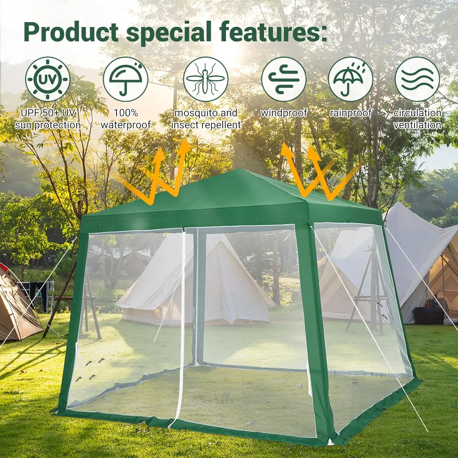 10x10ft Easy Pop-Up Canopy, Outdoor Screen Tent with Mesh Mosquito Netting Side Walls, Pop Up Tent, Waterproof Outdoor Screen Shed for Camping Picnic Party Deck Yard Events