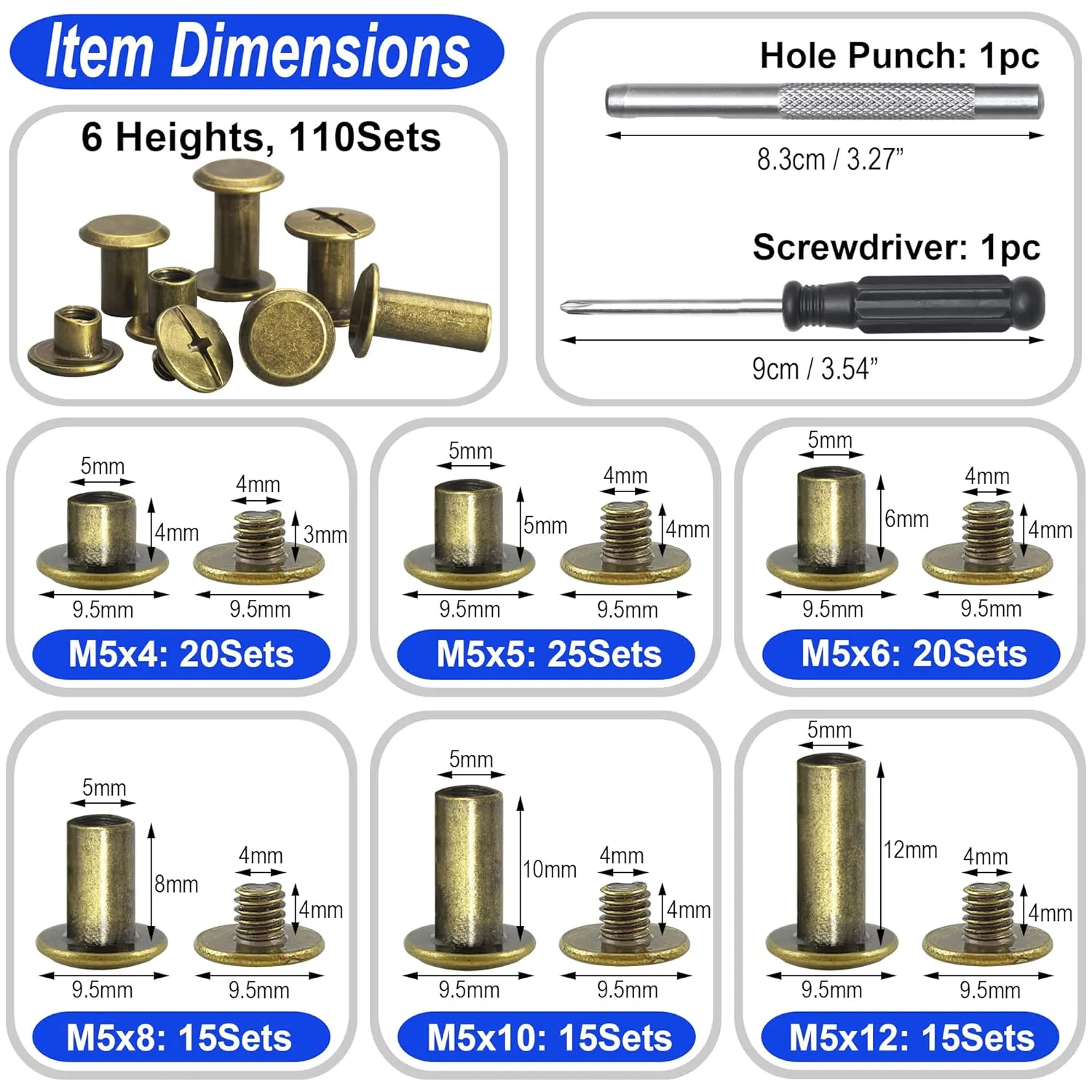 110Sets Chicago Screws Leather Rivets Assorted Screw Rivets Chicago Binding Screws for Decorate and Repair Leather Craft Belt Bag Shoes Purse Bookbinding (Bronze, M5*4,5,6,8,10,12)
