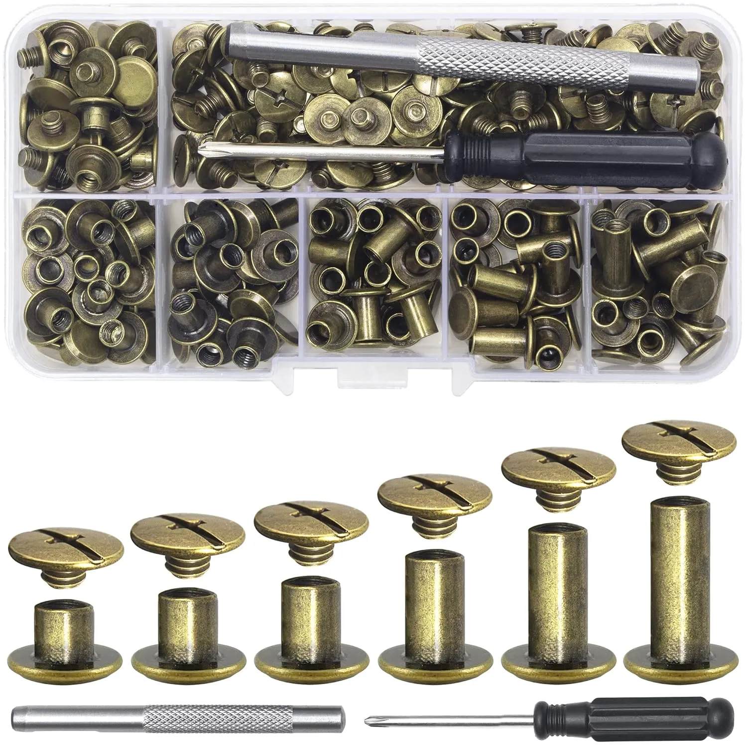 110Sets Chicago Screws Leather Rivets Assorted Screw Rivets Chicago Binding Screws for Decorate and Repair Leather Craft Belt Bag Shoes Purse Bookbinding (Bronze, M5*4,5,6,8,10,12)