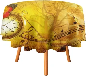 Abstract Antique Steampunk Clock Round Tablecloth 70Inch for Kitchen Dining Table,Vintage Mechanical Theme Clock Music Butterfly Table Cloth for Holiday Round Tablecloths
