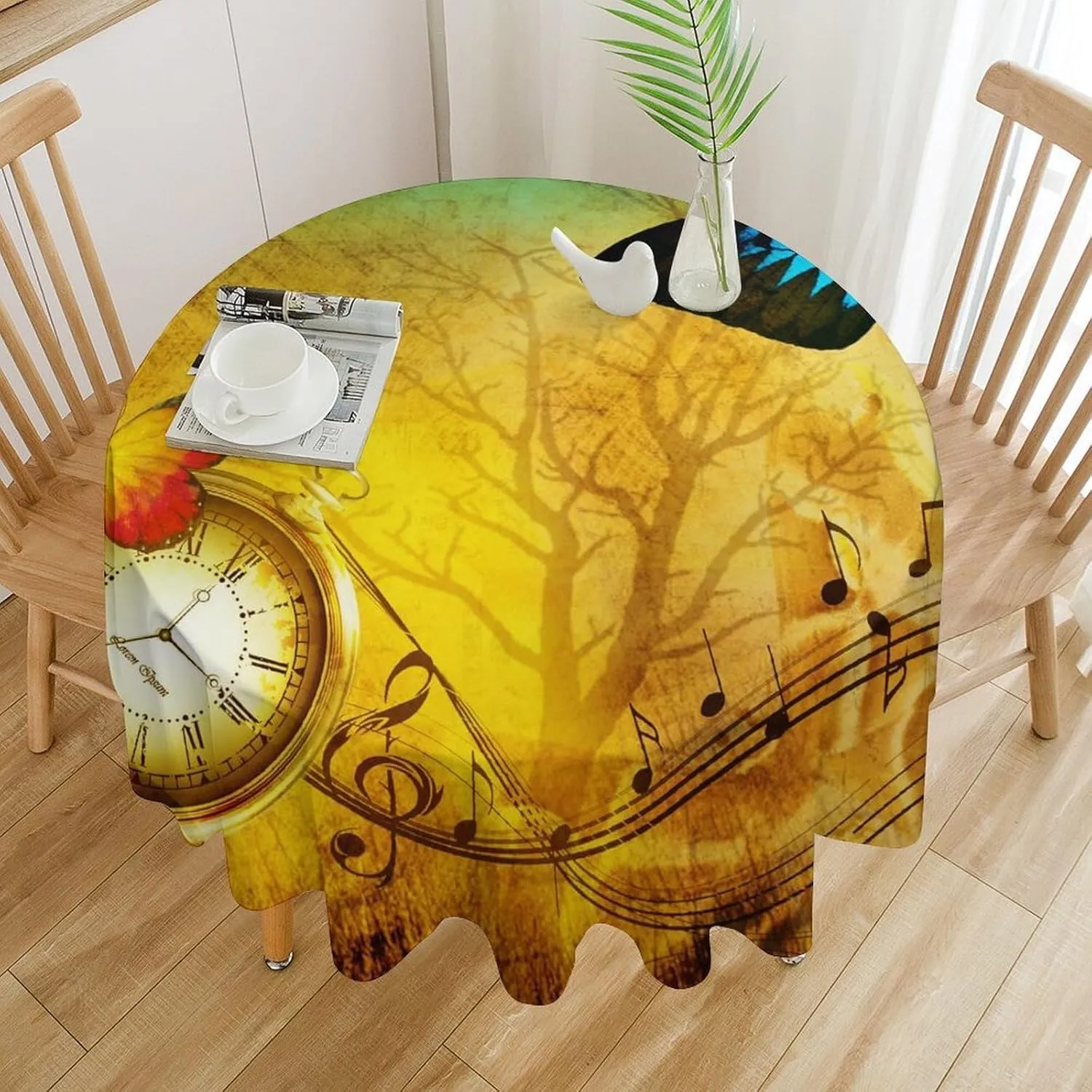 Abstract Antique Steampunk Clock Round Tablecloth 70Inch for Kitchen Dining Table,Vintage Mechanical Theme Clock Music Butterfly Table Cloth for Holiday Round Tablecloths