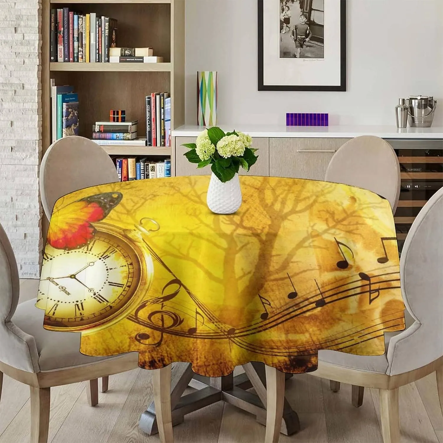 Abstract Antique Steampunk Clock Round Tablecloth 70Inch for Kitchen Dining Table,Vintage Mechanical Theme Clock Music Butterfly Table Cloth for Holiday Round Tablecloths