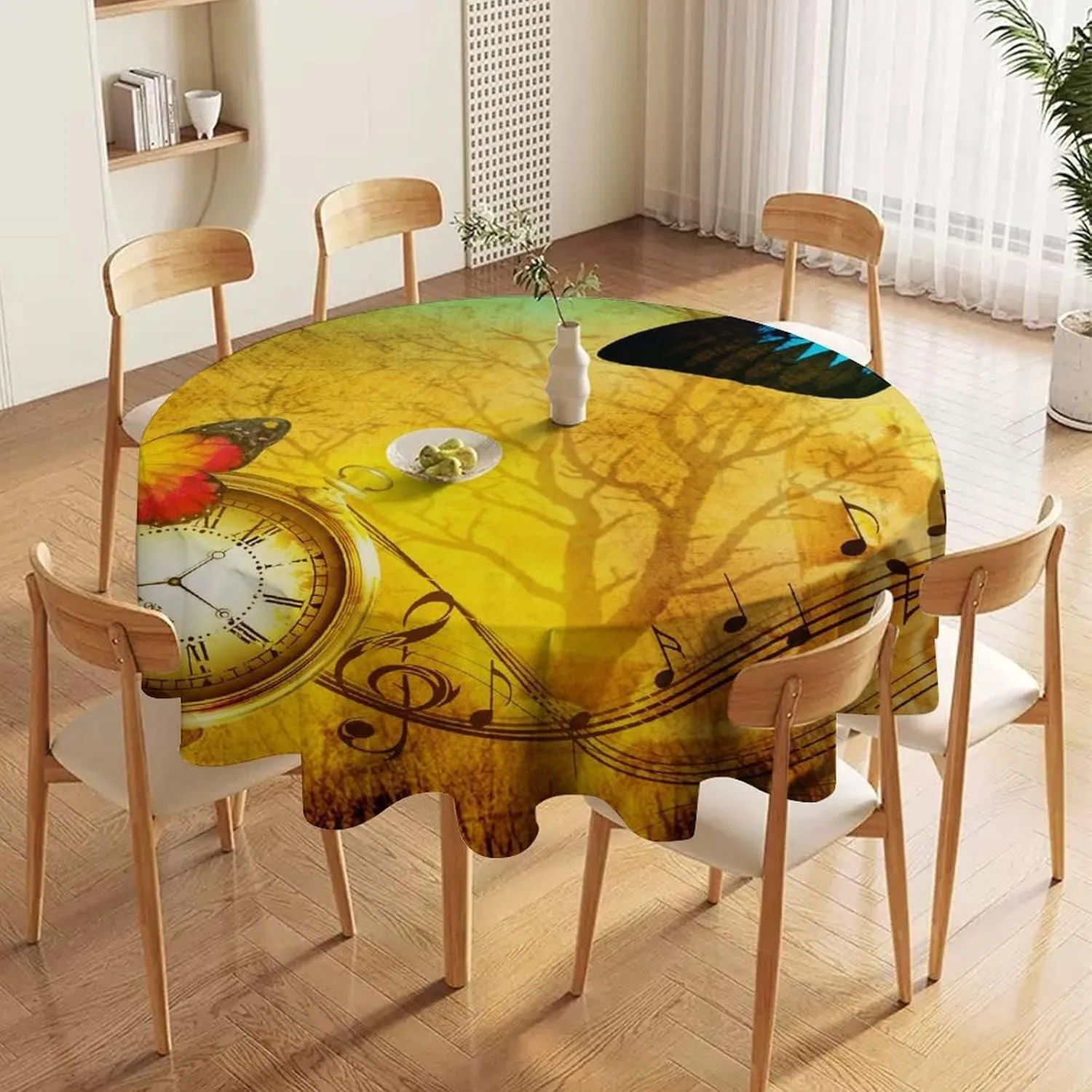 Abstract Antique Steampunk Clock Round Tablecloth 70Inch for Kitchen Dining Table,Vintage Mechanical Theme Clock Music Butterfly Table Cloth for Holiday Round Tablecloths