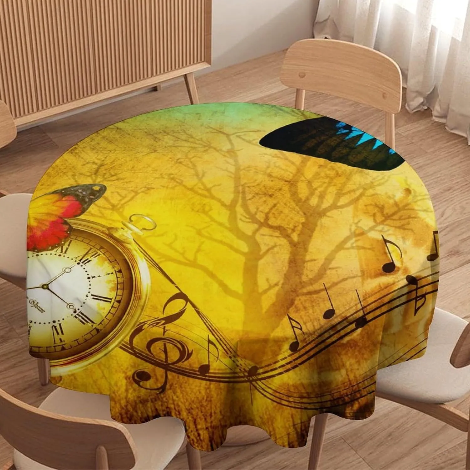 Abstract Antique Steampunk Clock Round Tablecloth 70Inch for Kitchen Dining Table,Vintage Mechanical Theme Clock Music Butterfly Table Cloth for Holiday Round Tablecloths