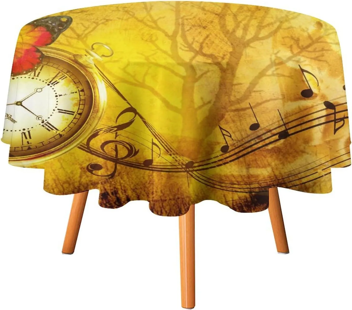 Abstract Antique Steampunk Clock Round Tablecloth 70Inch for Kitchen Dining Table,Vintage Mechanical Theme Clock Music Butterfly Table Cloth for Holiday Round Tablecloths