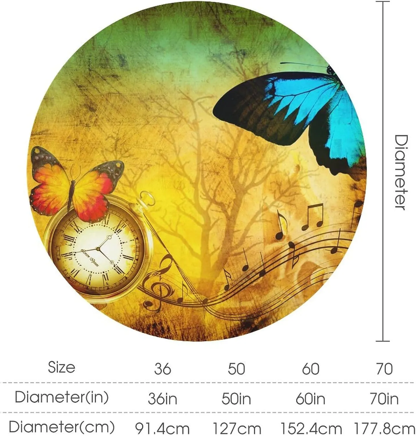 Abstract Antique Steampunk Clock Round Tablecloth 70Inch for Kitchen Dining Table,Vintage Mechanical Theme Clock Music Butterfly Table Cloth for Holiday Round Tablecloths