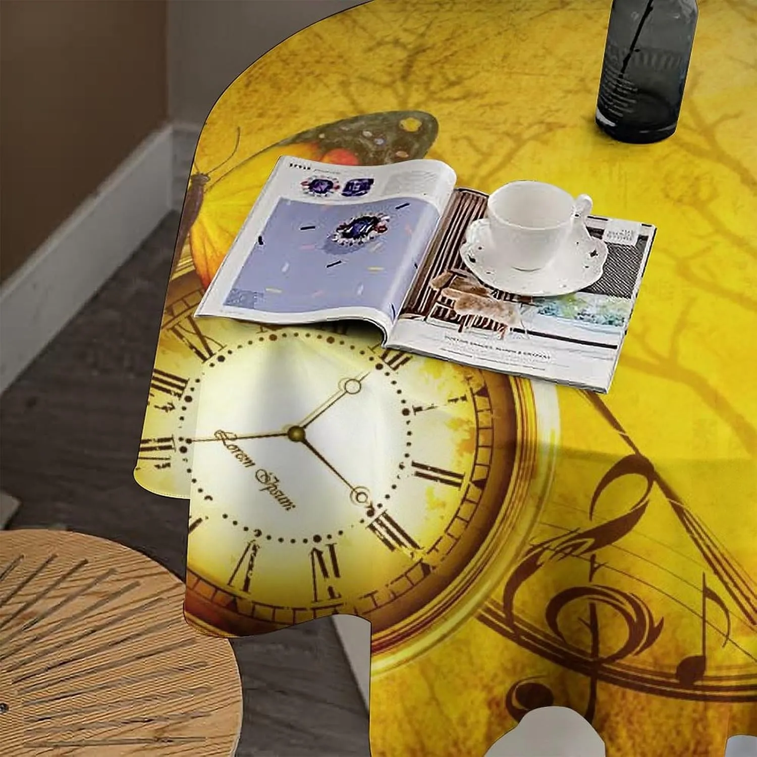 Abstract Antique Steampunk Clock Round Tablecloth 70Inch for Kitchen Dining Table,Vintage Mechanical Theme Clock Music Butterfly Table Cloth for Holiday Round Tablecloths