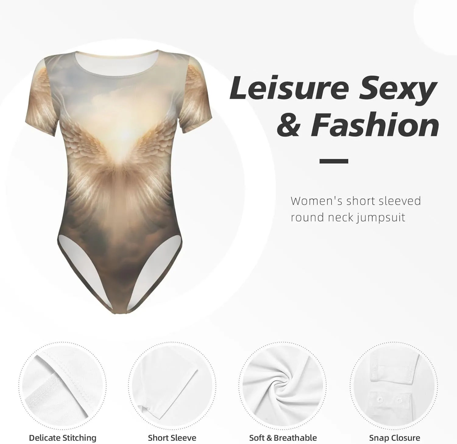 Angel's Feather Pattern summer women's bodysuit - round-neck home clothes, sizes s-xxl