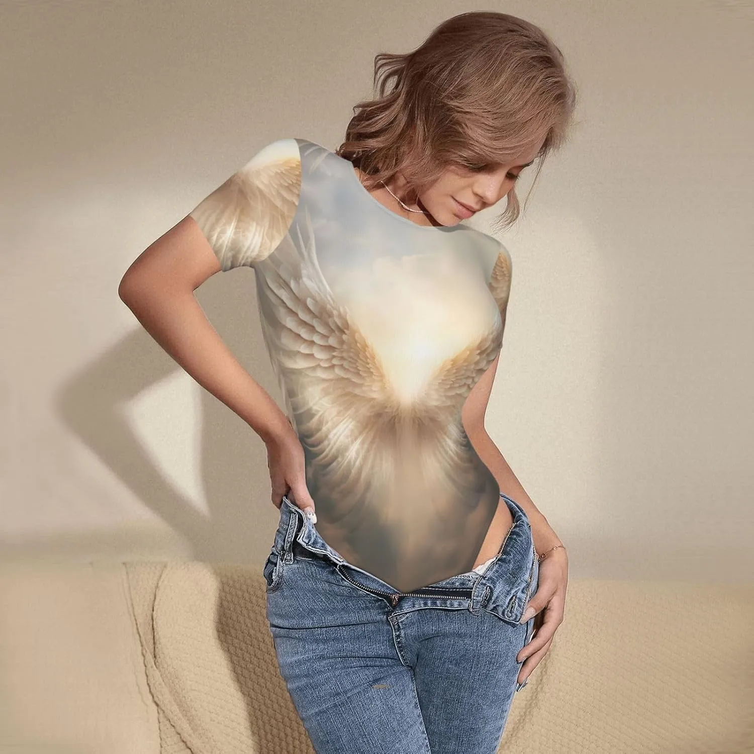 Angel's Feather Pattern summer women's bodysuit - round-neck home clothes, sizes s-xxl