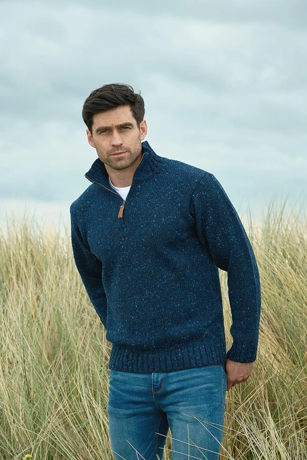 Aran Crafts Men's Irish Cable Knitted Half Zip Sweater (100% Donegal Wool)