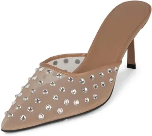 Arqa Crystal Embellished Mesh Heeled Mule for Women Pointed Toe Stiletto Heel Slide Sandals