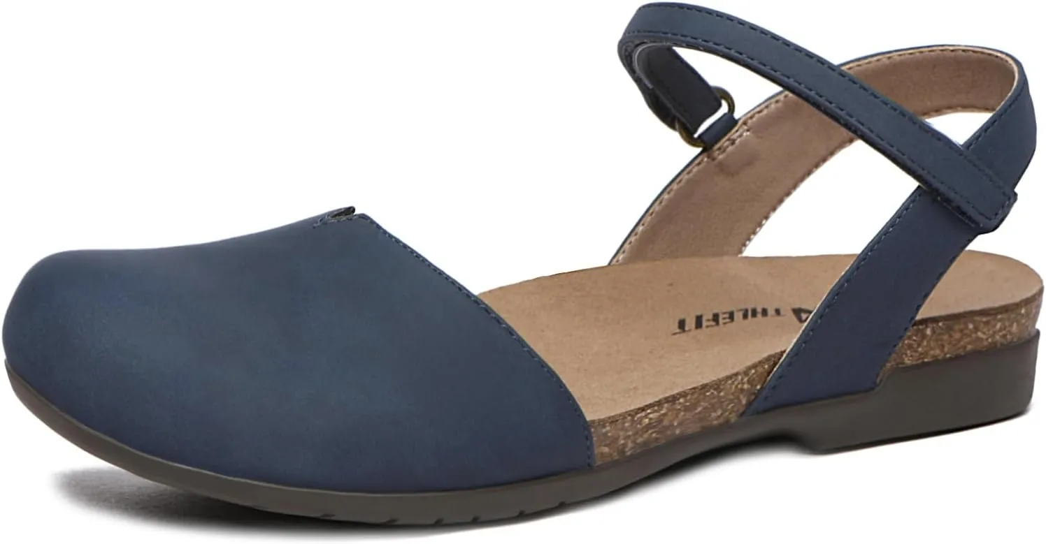 Athlefit Women's Closed Toe Sandals Comfort Cork Footbed Arch Support Flat Sandals