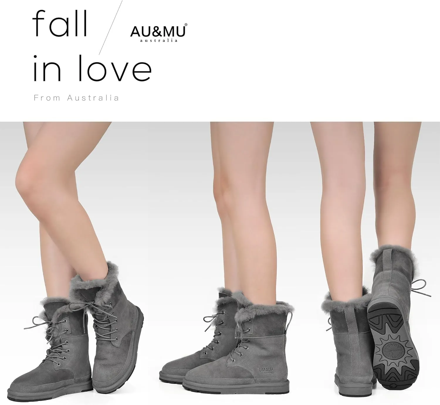 AU&MU Aumu Womens Shearling Leather Sheepskin Classic Lace up Mid Calf Flat Fur Winter Snow Boots…