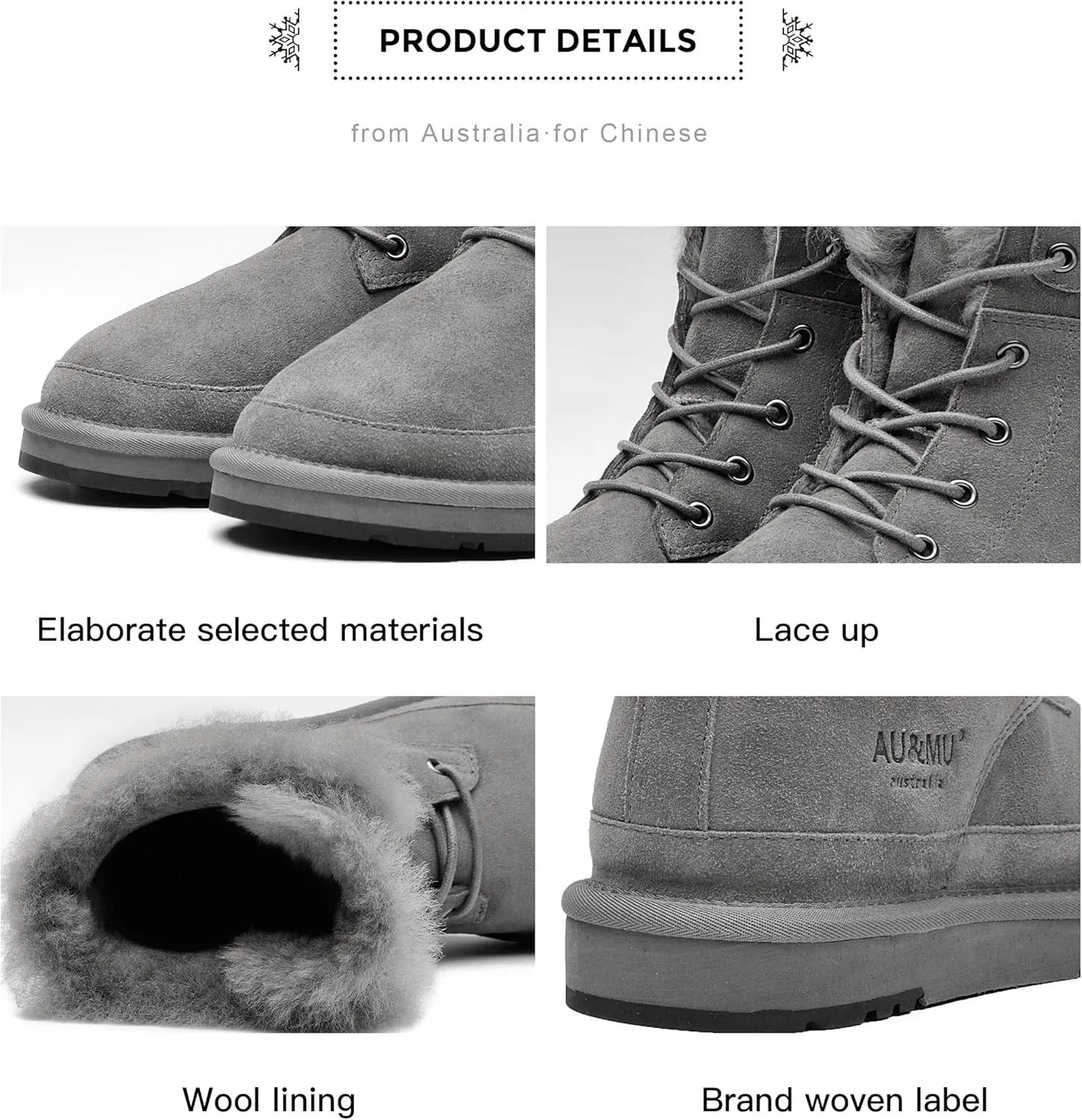 AU&MU Aumu Womens Shearling Leather Sheepskin Classic Lace up Mid Calf Flat Fur Winter Snow Boots…