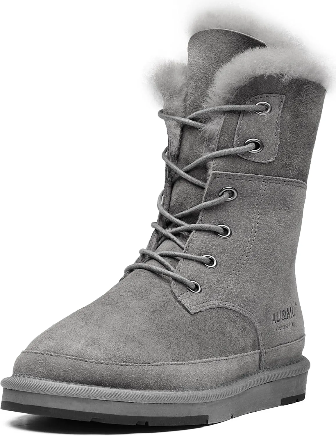 AU&MU Aumu Womens Shearling Leather Sheepskin Classic Lace up Mid Calf Flat Fur Winter Snow Boots…