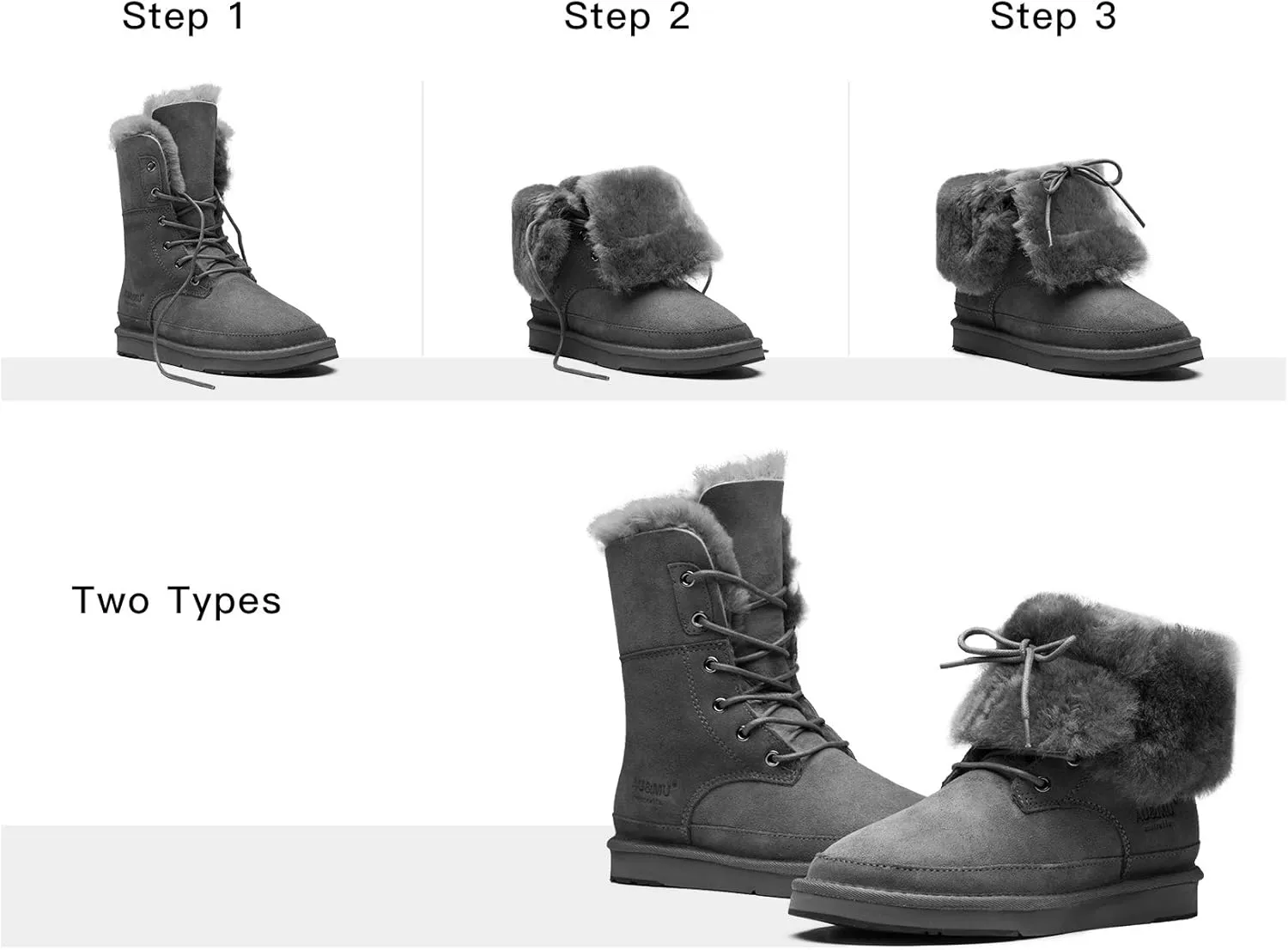 AU&MU Aumu Womens Shearling Leather Sheepskin Classic Lace up Mid Calf Flat Fur Winter Snow Boots…