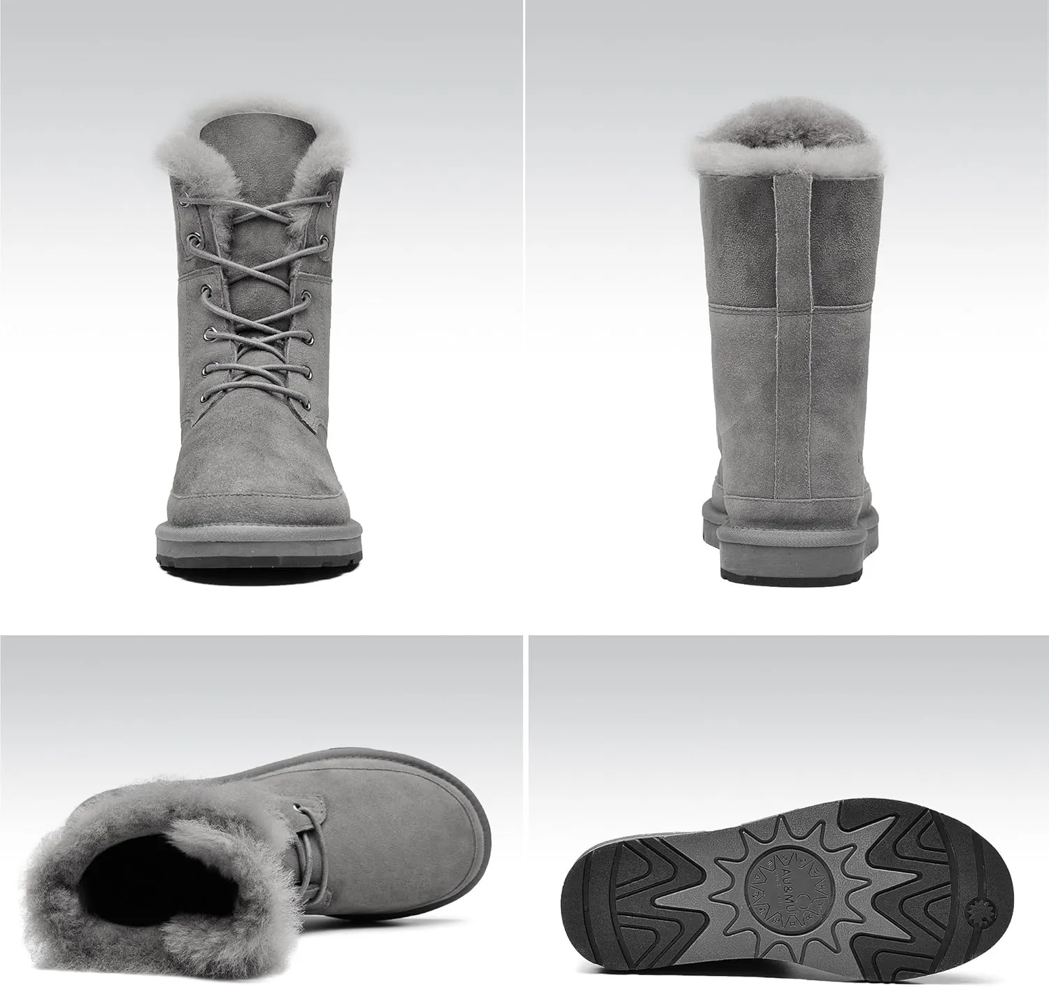 AU&MU Aumu Womens Shearling Leather Sheepskin Classic Lace up Mid Calf Flat Fur Winter Snow Boots…