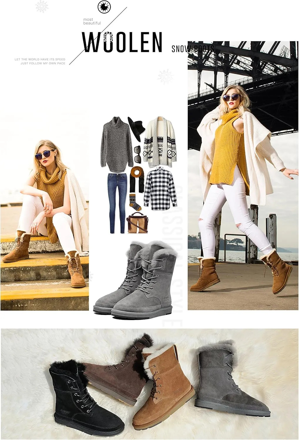 AU&MU Aumu Womens Shearling Leather Sheepskin Classic Lace up Mid Calf Flat Fur Winter Snow Boots…