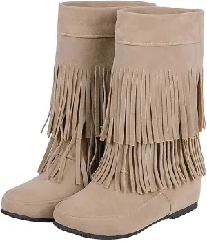 AUNTHUI Women'S Suede Double Tassel Toe Mid-Calf Flat Booties,Winter Warm Fashion Round Toe Faux Suede Slip On Height Increasing Shoes