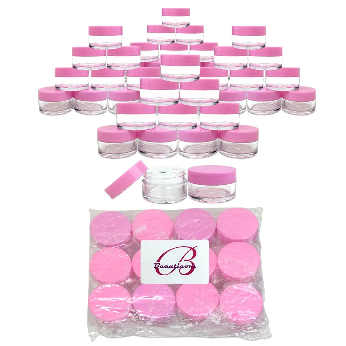 Beauticom 20 gram/20ml Empty Clear Small Round Travel Container Jar Pots with Lids for Make Up Powder, Eyeshadow Pigments, Lotion, Creams, Lip Balm, Lip Gloss, Samples (48 Pieces, Pink)