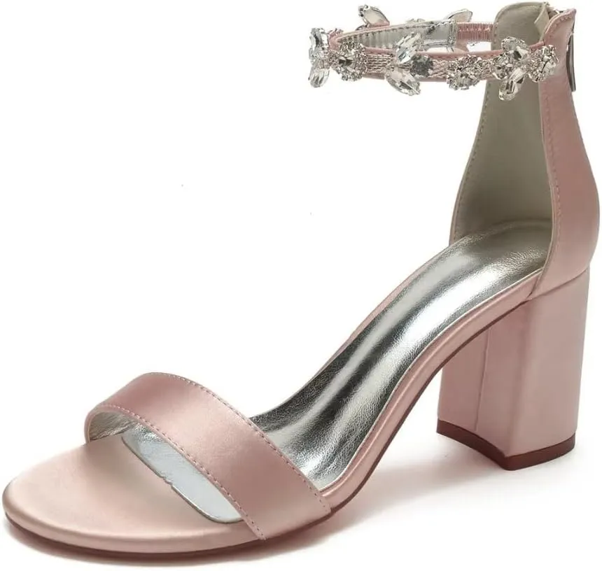 Block Heel Wedding Sandals Open Toe Rhinestones Heeled Sandal Shoes Women Bridal Heels