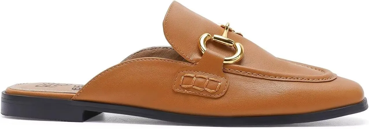 Buckle Mules for Women Flat Mules Slip-on Loafers Round Toe Backless Loafer Shoes Metal Chain Slides