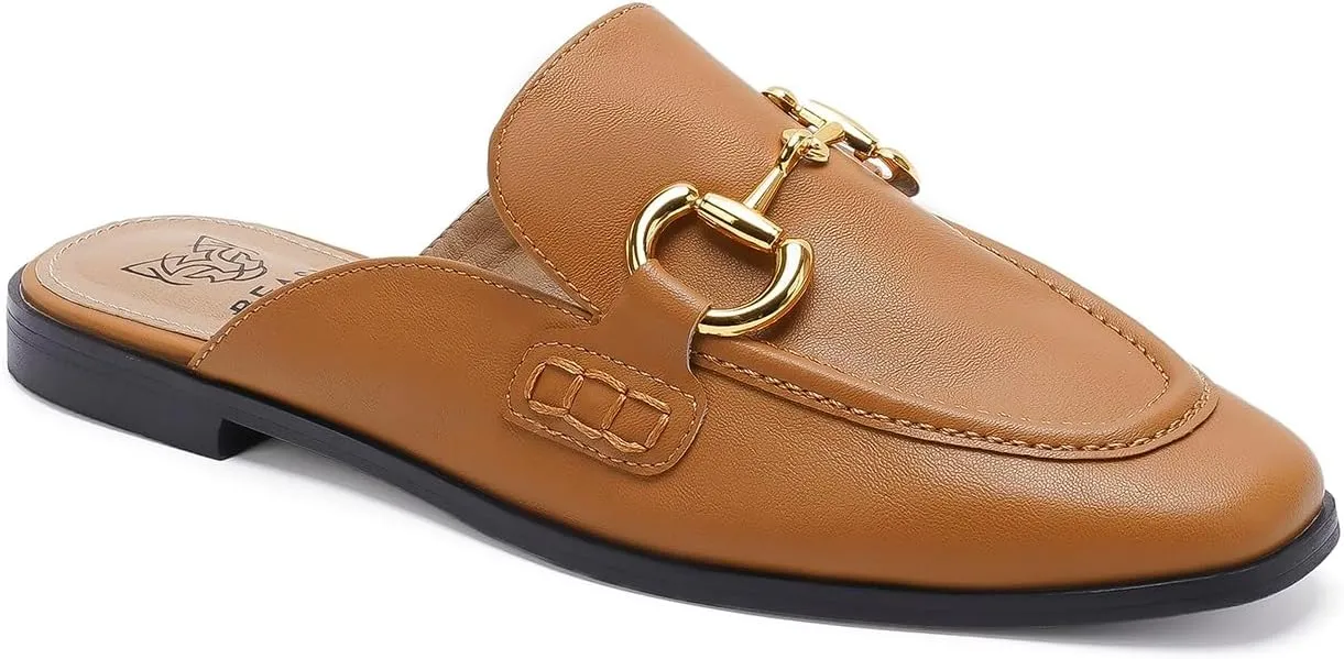 Buckle Mules for Women Flat Mules Slip-on Loafers Round Toe Backless Loafer Shoes Metal Chain Slides