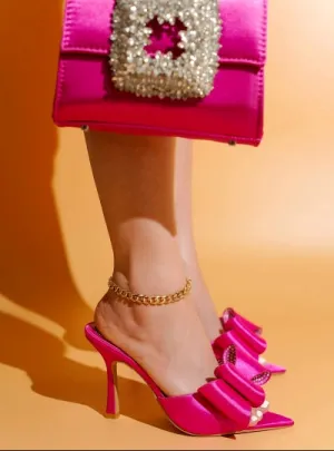 Cape Robbin Bellani Satin Rhinestone Bow Detail Pointy Toe Slip-on Peep Toe High Heels-Pink