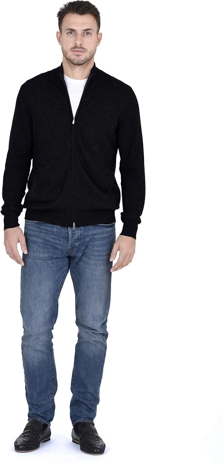 Cashmeren Men's Mock Neck Zip Up Cardigan 100% Merino Wool Classic Knit Long Sleeve Zipped Down Sweater