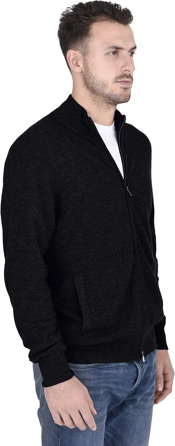 Cashmeren Men's Mock Neck Zip Up Cardigan 100% Merino Wool Classic Knit Long Sleeve Zipped Down Sweater