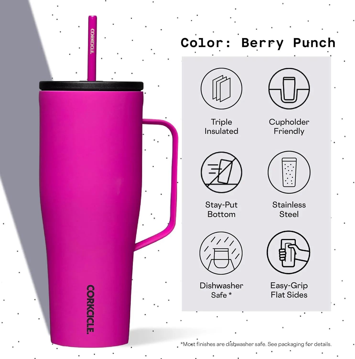 Corkcicle Cold Cup XL Insulated Tumbler with Handle, Lid, & Straw, Berry Punch, 30 oz – Reusable Cupholder Friendly Water Bottle Keeps Drinks Cold 12hrs