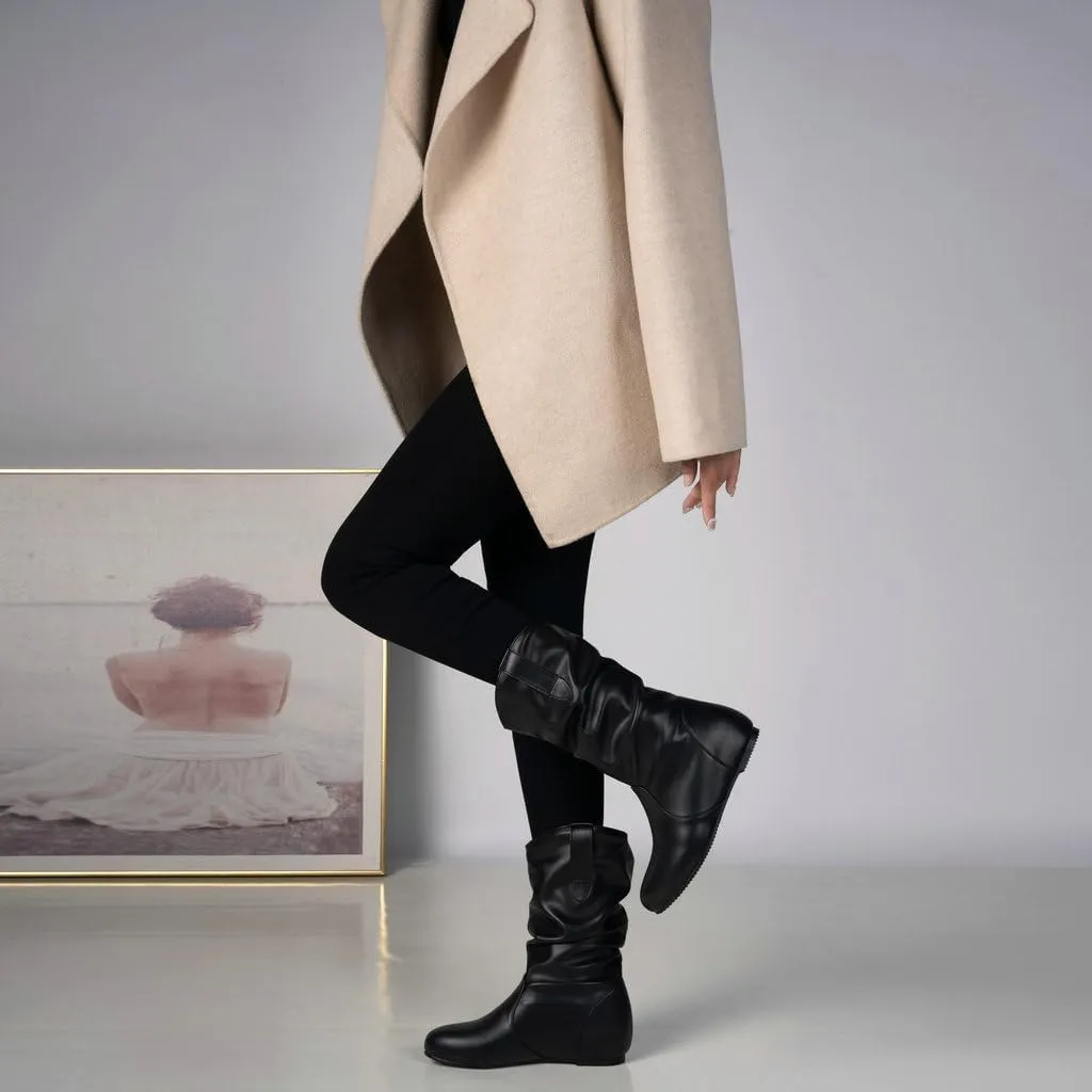 DINTAHA Womens Slouch Flat Boots Mid Calf Flat Boots Low Heel Fall Slouchy Cowgirl Boots