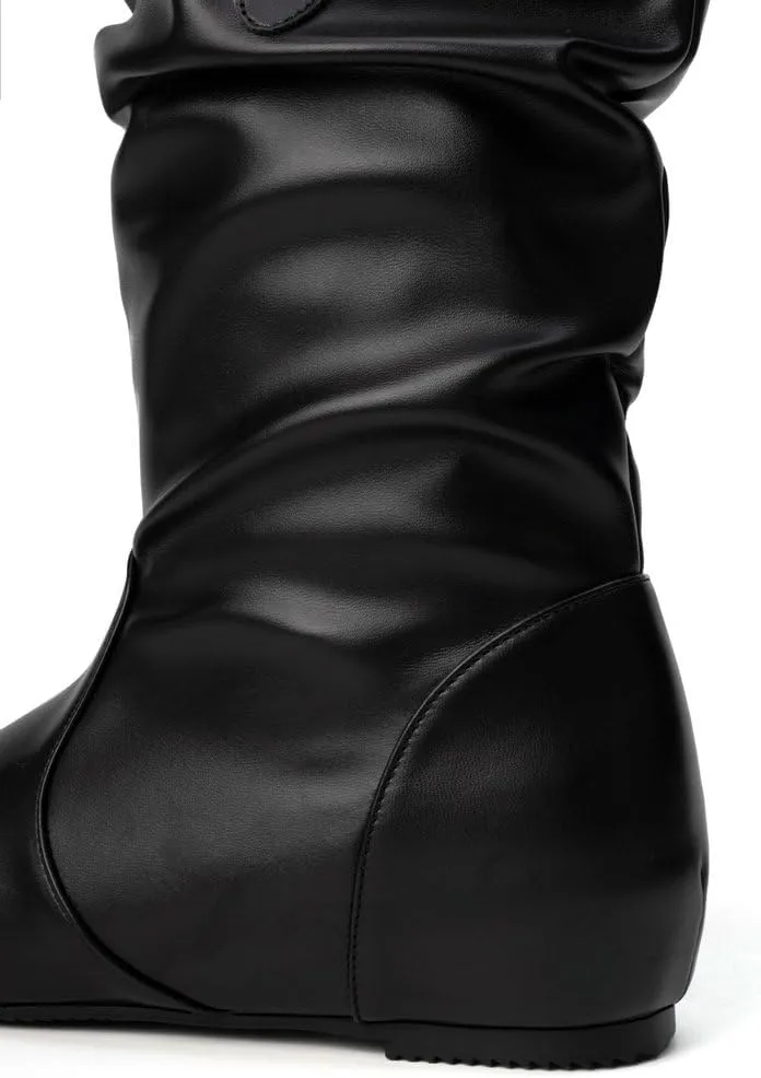 DINTAHA Womens Slouch Flat Boots Mid Calf Flat Boots Low Heel Fall Slouchy Cowgirl Boots