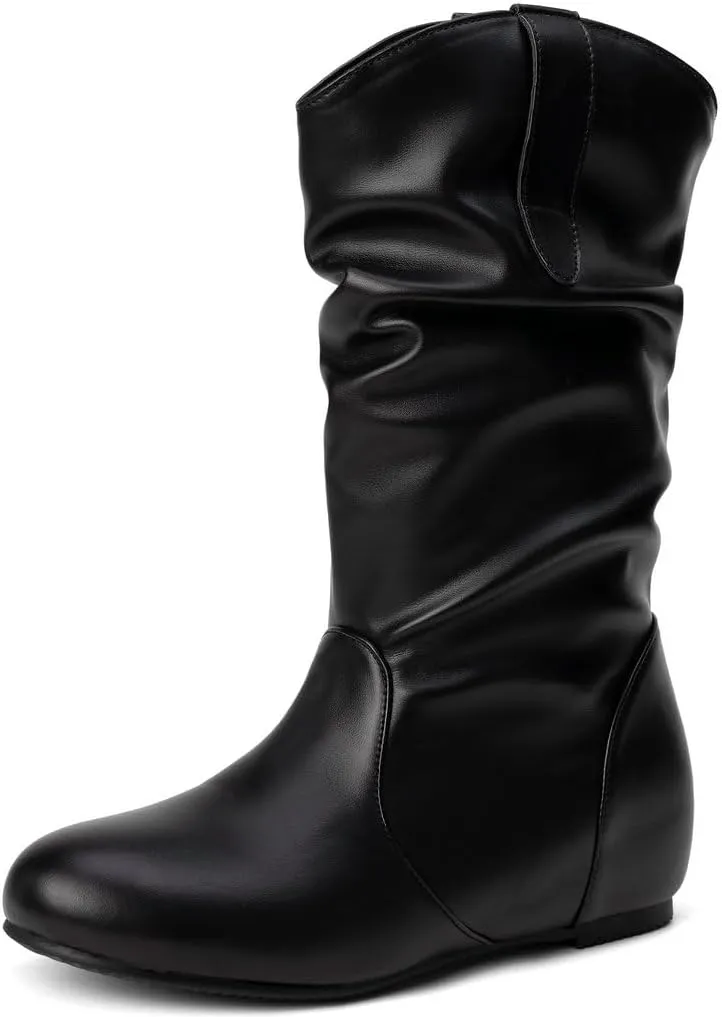 DINTAHA Womens Slouch Flat Boots Mid Calf Flat Boots Low Heel Fall Slouchy Cowgirl Boots
