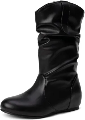 DINTAHA Womens Slouch Flat Boots Mid Calf Flat Boots Low Heel Fall Slouchy Cowgirl Boots