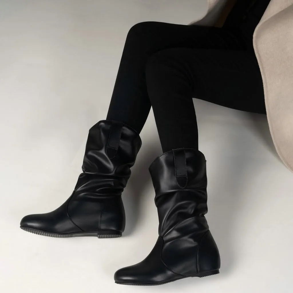 DINTAHA Womens Slouch Flat Boots Mid Calf Flat Boots Low Heel Fall Slouchy Cowgirl Boots