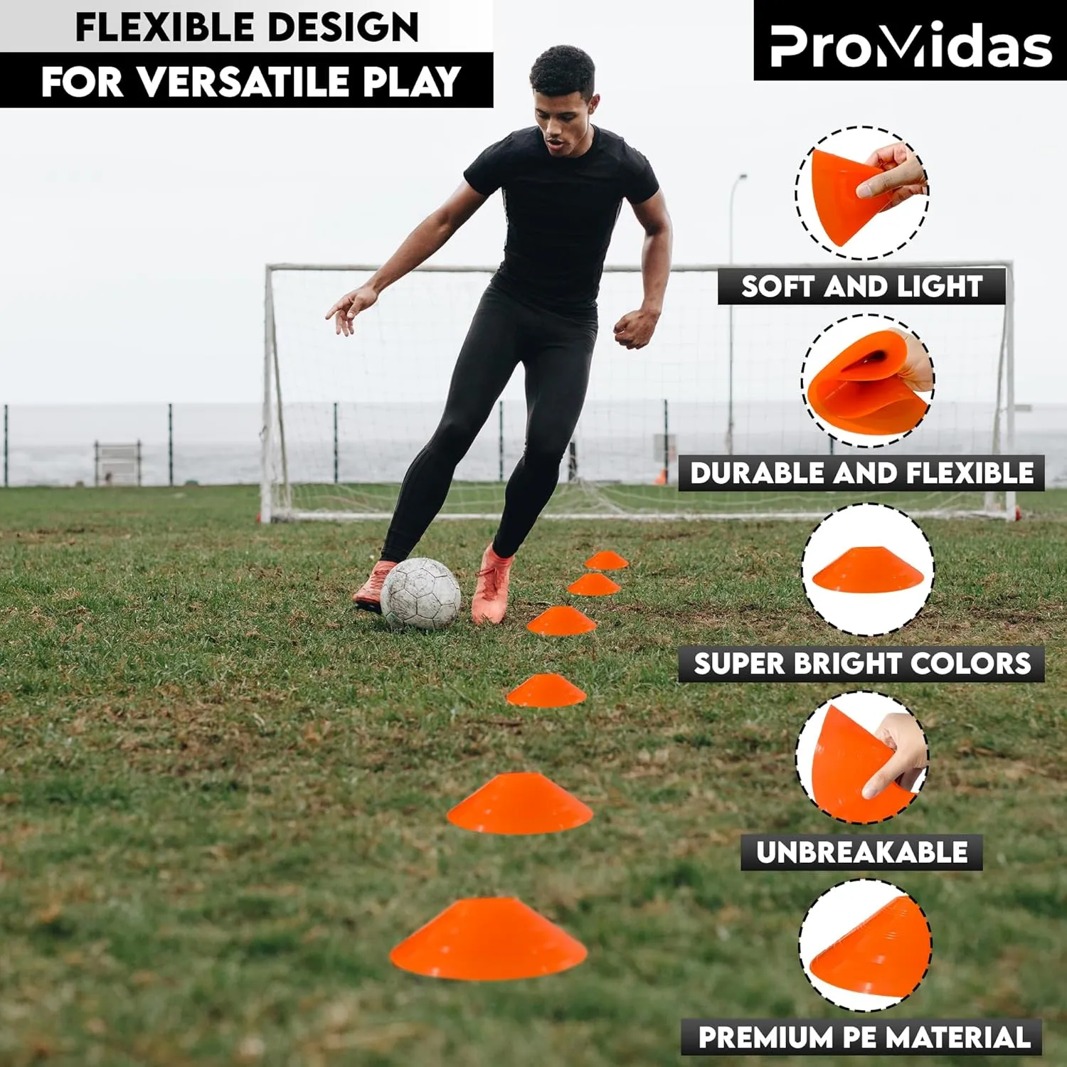Disc Soccer Cones for Training Kids with Mesh Bag & Strap - Small Plastic Cones for Sports Training - Flexible Conos for Soccer Practice Equipment, Basketball & Football Drills Equipment