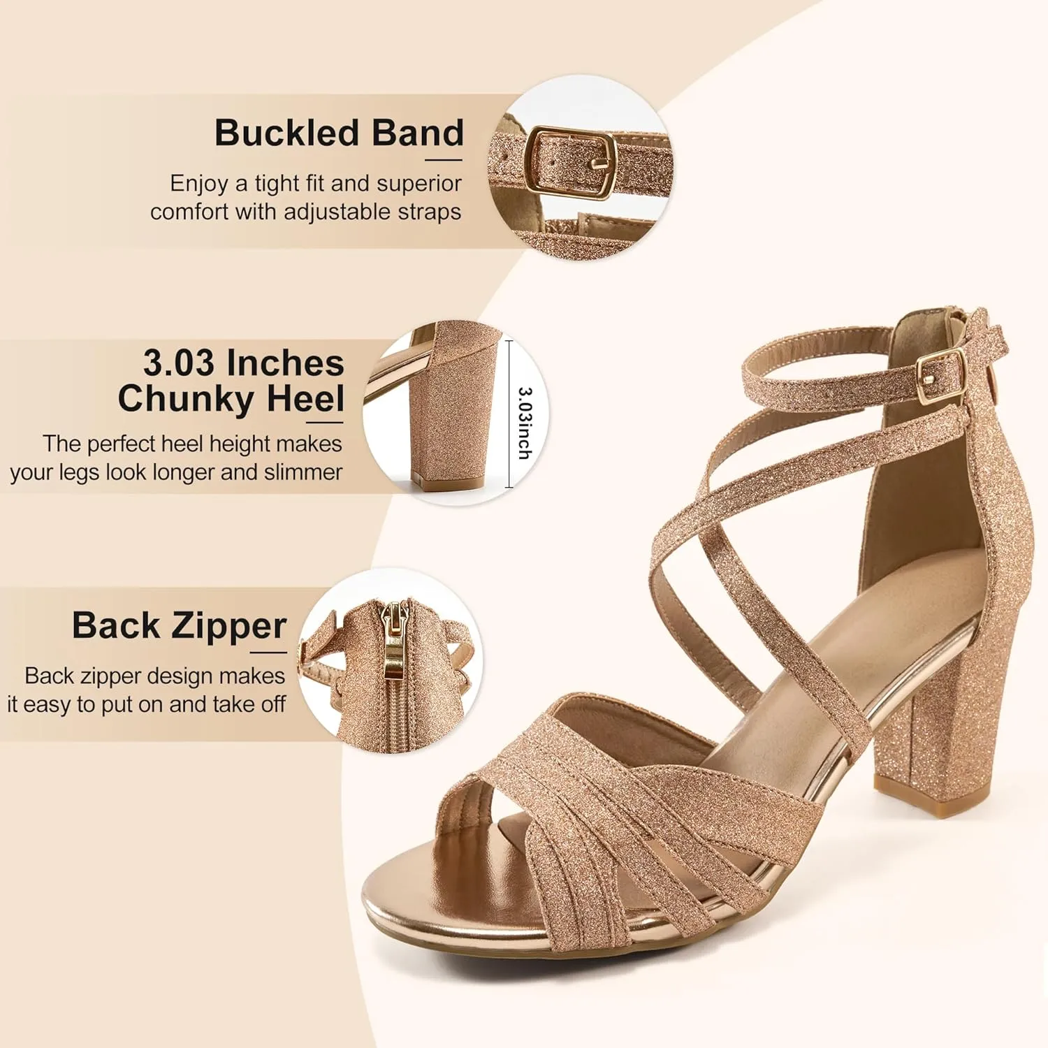 Ecetana Womens Sandals Chunky Heel Dressy Open Toe Buckle Ankle Strap Back Zipper Sexy Block Shoes for Party Wedding