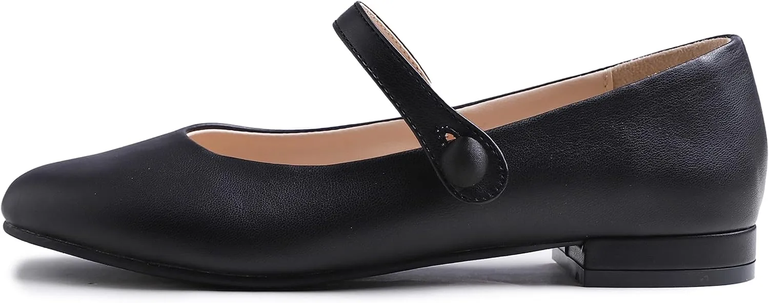 FEVERSOLE Women's Mary Jane Fashion Round Toe Low Heel Slip On Flats