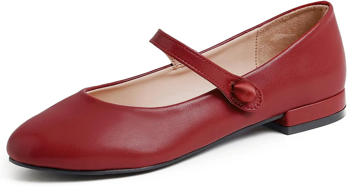 FEVERSOLE Women's Mary Jane Fashion Round Toe Low Heel Slip On Flats