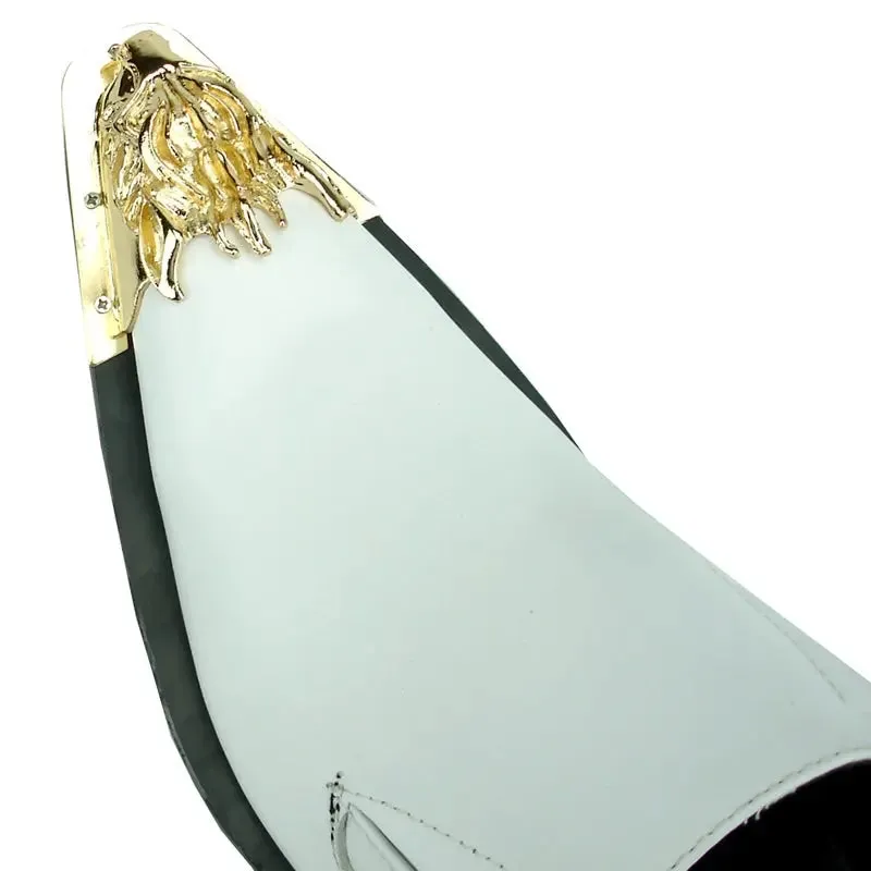 Fiesso FI-6909 White Leather Gold Metal Tip Loafers