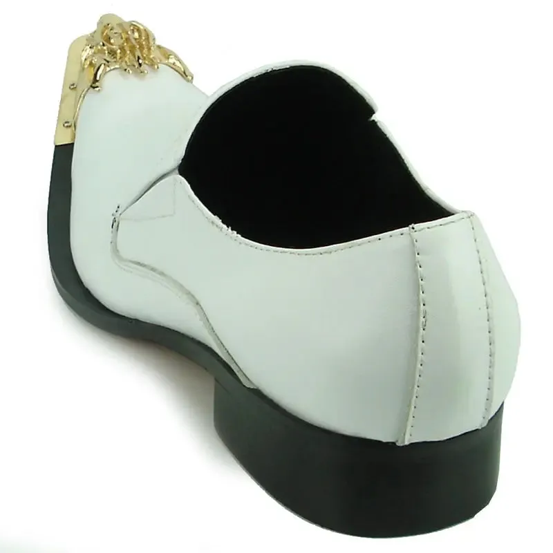 Fiesso FI-6909 White Leather Gold Metal Tip Loafers