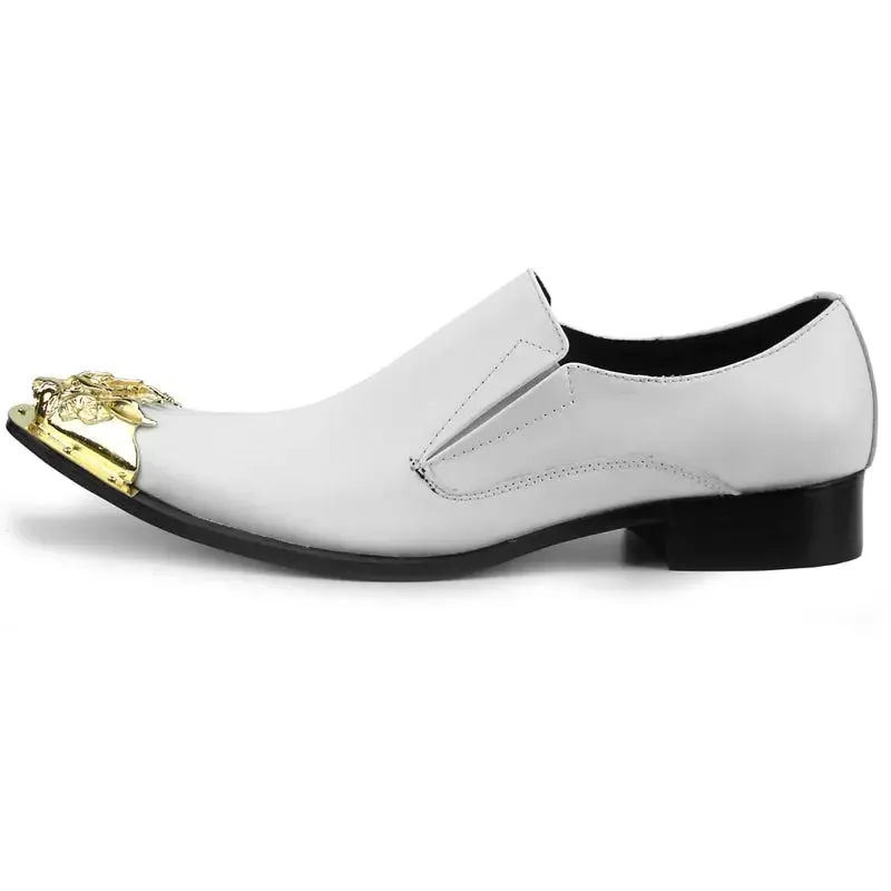 Fiesso FI-6909 White Leather Gold Metal Tip Loafers