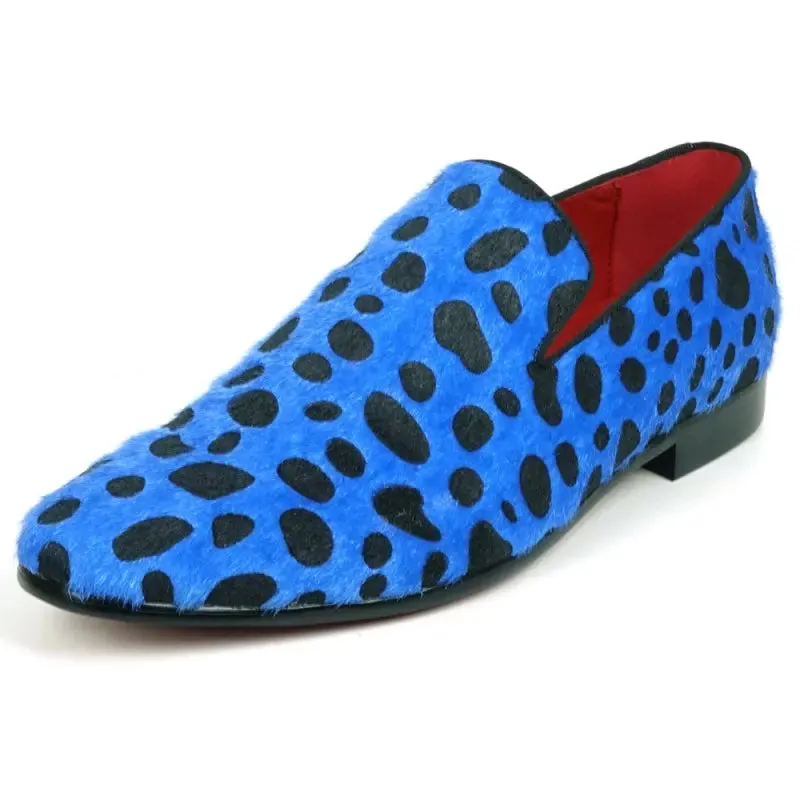 Fiesso FI-7532 Black Blue Leopard Print Pony Hair Slip On Loafers