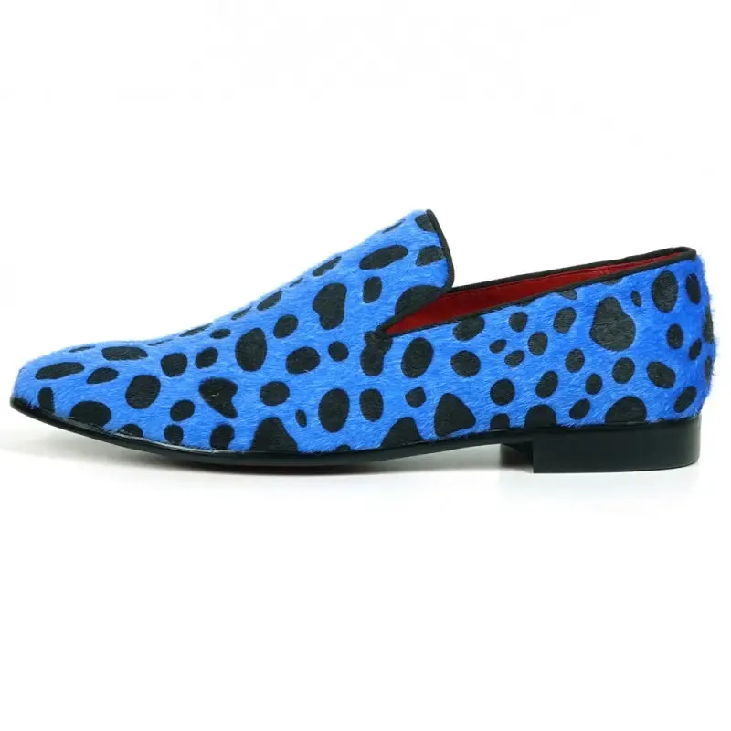 Fiesso FI-7532 Black Blue Leopard Print Pony Hair Slip On Loafers