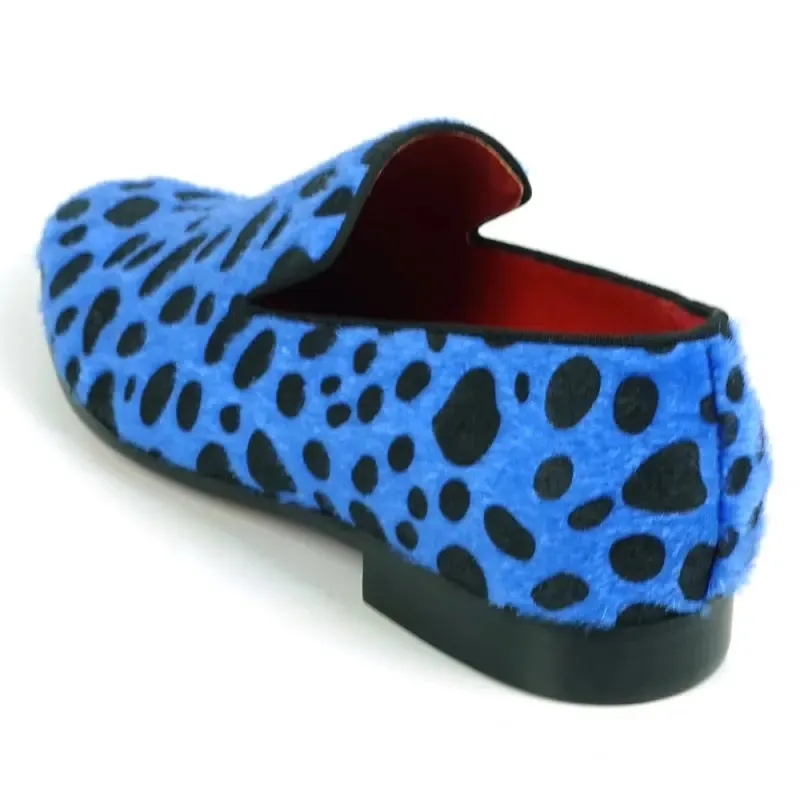 Fiesso FI-7532 Black Blue Leopard Print Pony Hair Slip On Loafers