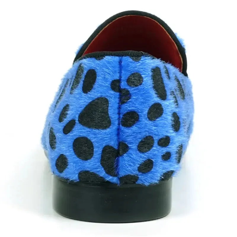 Fiesso FI-7532 Black Blue Leopard Print Pony Hair Slip On Loafers