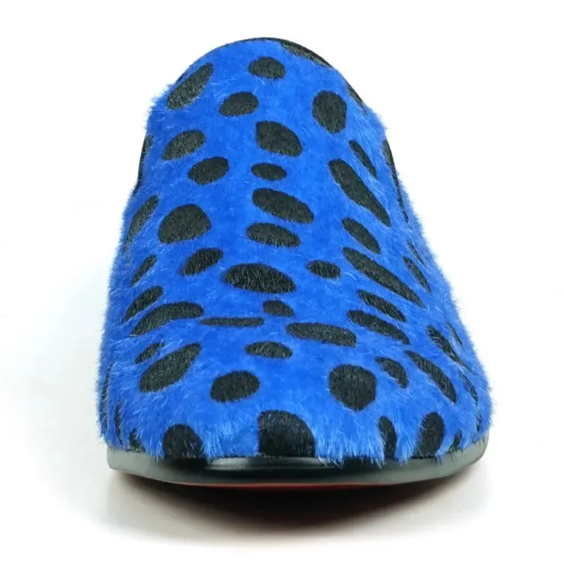 Fiesso FI-7532 Black Blue Leopard Print Pony Hair Slip On Loafers