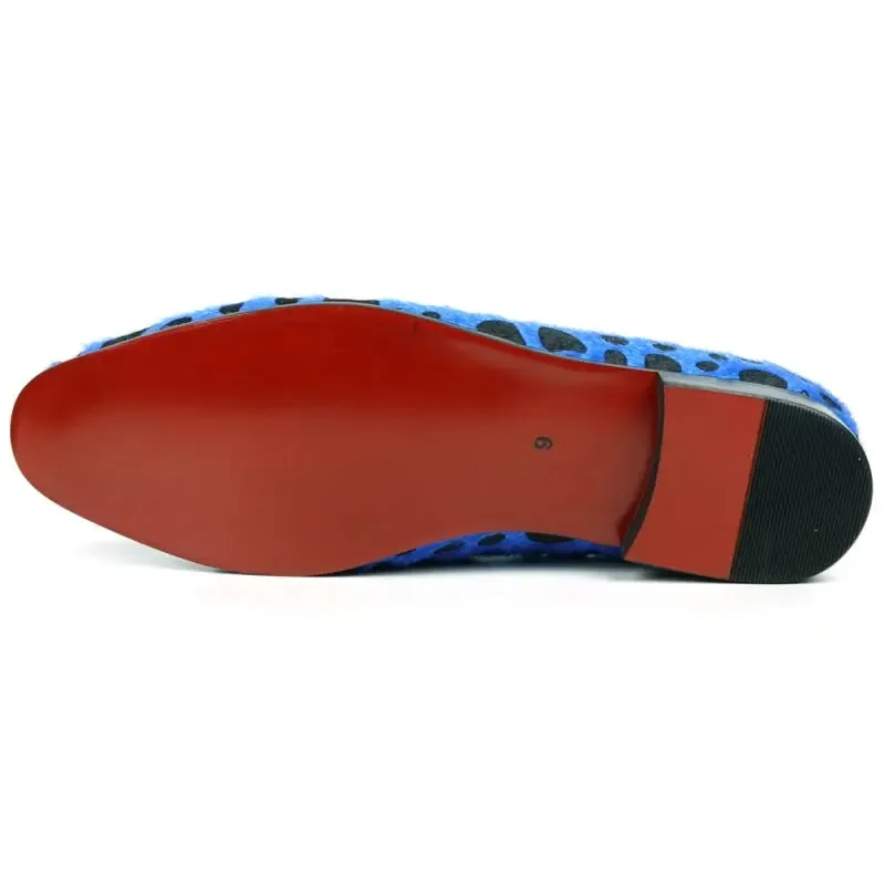 Fiesso FI-7532 Black Blue Leopard Print Pony Hair Slip On Loafers