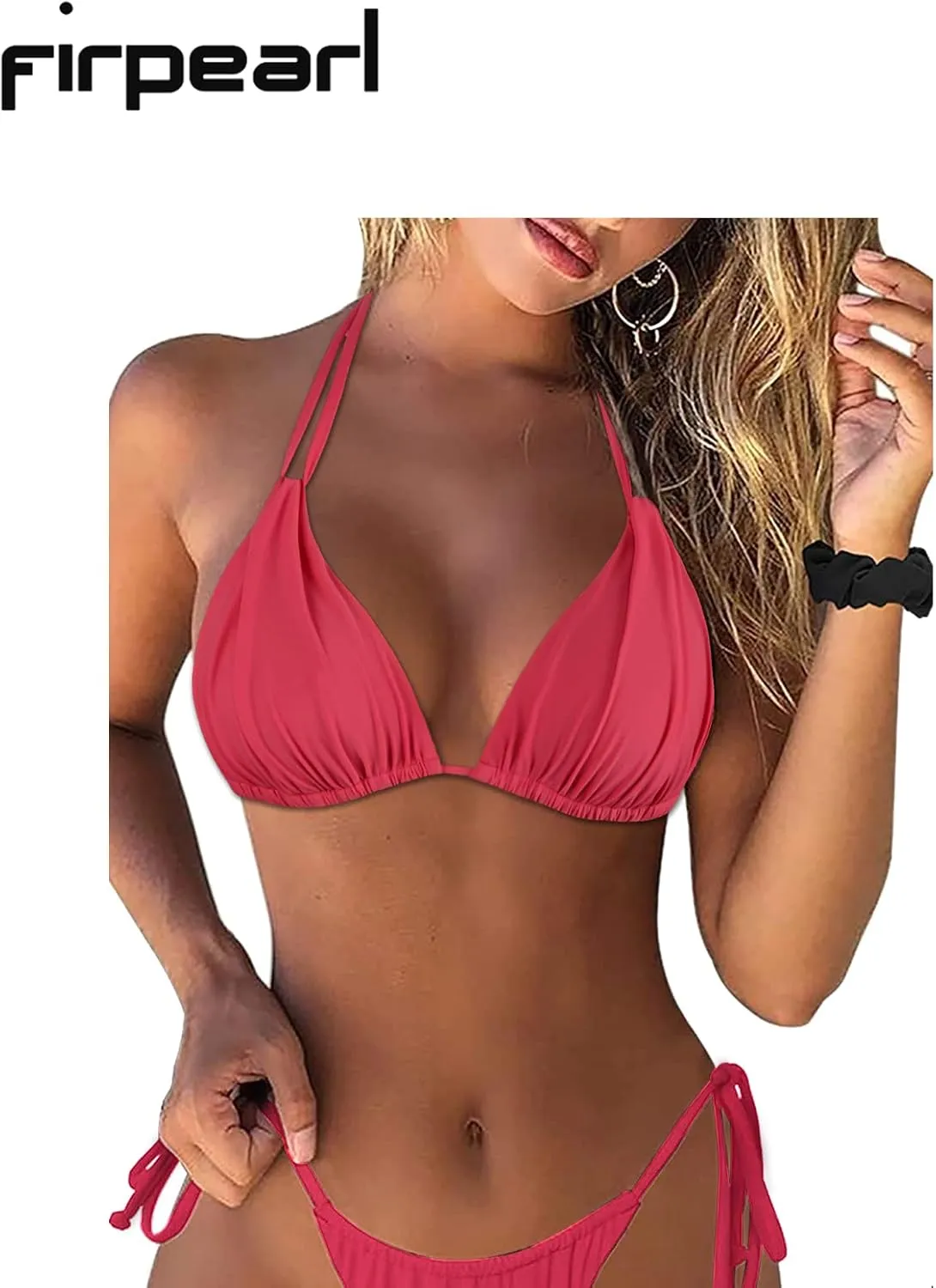 Firpearl Women's Triangle Bikini Tops Push Up Slider Ruched Halter Swimsuit Top Swim Bras